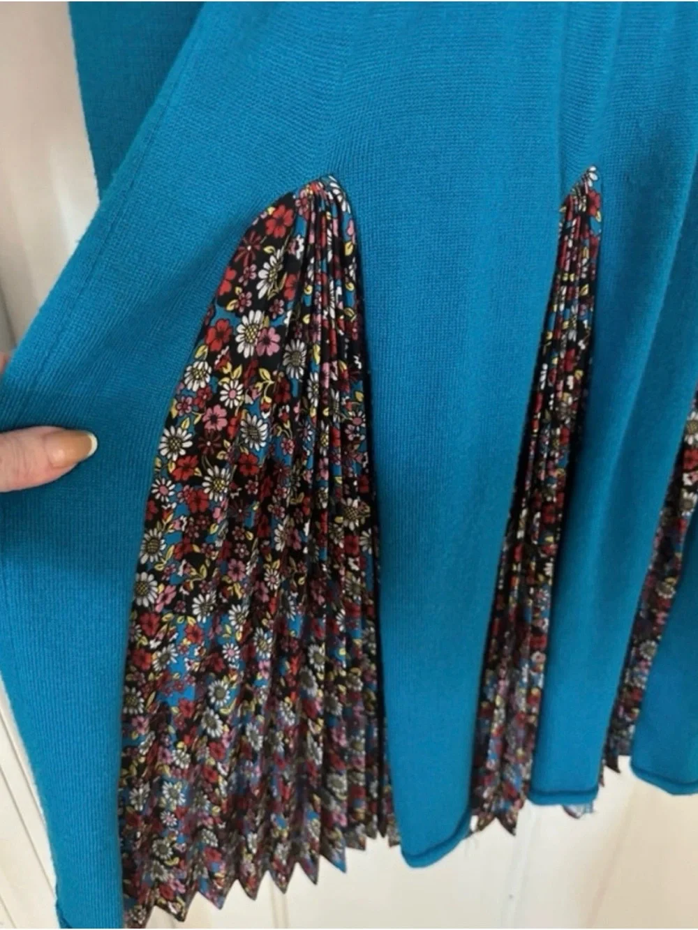Teal Long-Sleeve Fit & Flare Dress with Floral Trim